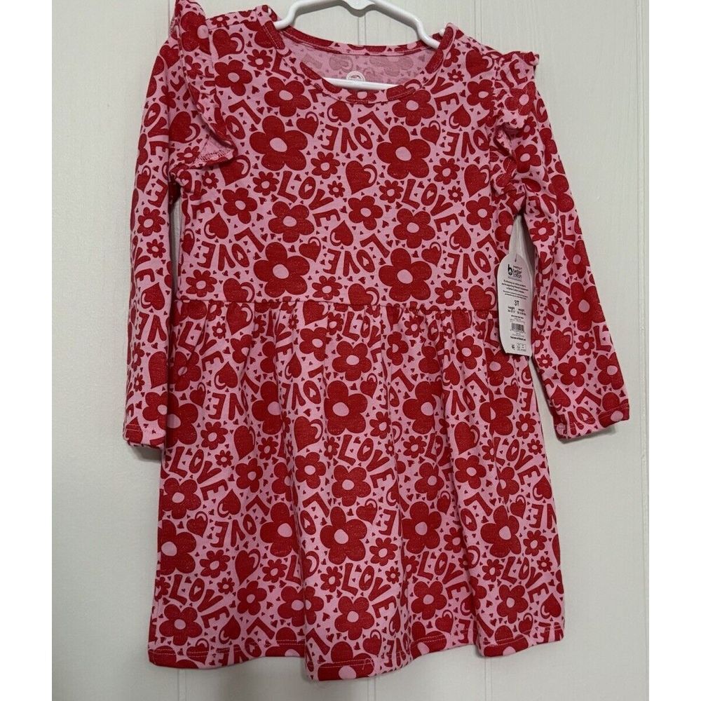 Valentine Dress 4T Heart‎ Flower Love Print Red/Pink, Long Sleeve Wonder Nation